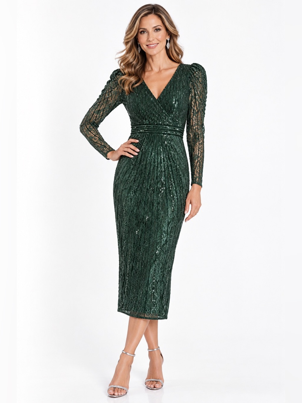 Mac Duggal NWT Deep Green Beaded Lace Sequin Midi Dress 93676 Sz 2 and 4
